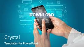  Presentation with download - PPT layouts having female-hand-typing-on-smartphone background and a ocean colored foreground