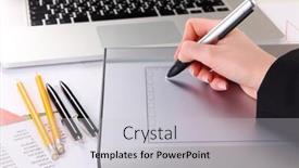  Presentation with graphics - PPT theme featuring female hand using graphics tablet on table close up background and a light gray colored foreground
