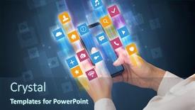  Presentation with smartphone - Audience pleasing presentation design consisting of female hand using smartphone with colorful angular fast switching application icons backdrop and a ocean colored foreground