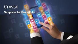  Presentation with application - Audience pleasing slide set consisting of female hand using smartphone with colorful angular fast switching application icons backdrop and a ocean colored foreground