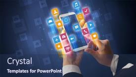  Presentation with smartphone - PPT theme featuring female hand using smartphone with colorful angular fast switching application icons background and a ocean colored foreground