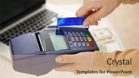  Presentation with terminal - Amazing theme having female hand with credit card and bank terminal backdrop and a coral colored foreground