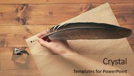  Presentation with feather - Colorful PPT layouts enhanced with female hand with feather writing backdrop and a coral colored foreground