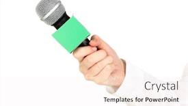  Presentation with waiter hand in white glove - Cool new presentation theme with female-hand-with-microphone-isolated backdrop and a sky blue colored foreground