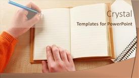  Presentation with diary - PPT theme having female hand with pen notebook and diary on wooden table background background and a lemonade colored foreground