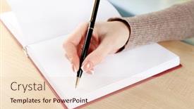  Presentation with writing pen - Slide deck having black letters text plan - female hand with pen writing background and a lemonade colored foreground