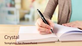  Presentation with writing pen - Presentation design featuring female hand with pen writing background and a lemonade colored foreground