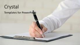  Presentation with writing pen - Beautiful slide deck featuring female hand with pen writing on paper at workplace backdrop and a light gray colored foreground