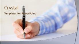  Presentation with writing pen - Colorful presentation design enhanced with female hand with pen writing on paper at workplace backdrop and a sky blue colored foreground