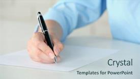  Presentation with writing pen - Theme featuring female hand with pen writing on paper at workplace background and a lemonade colored foreground