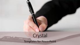  Presentation with writing pen - Slides having female hand with pen writing on paper at workplace background and a light gray colored foreground