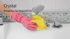  Presentation with save water shower head - PPT theme with female hand with rag cleaning background and a light gray colored foreground
