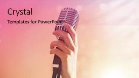  Presentation with microphone - Colorful PPT theme enhanced with female hand with vintage microphone backdrop and a coral colored foreground