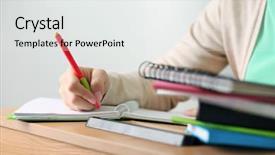  Presentation with notebook - Amazing PPT layouts having female hand writing in notebook close-up backdrop and a white colored foreground