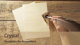  Presentation with feather pen - Cool new presentation theme with female hand writing with feather backdrop and a coral colored foreground