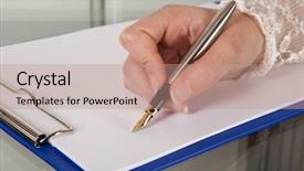  Presentation with writing pen - Slides consisting of female hand writing with a pen on an empty clipboard background and a coral colored foreground