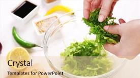  Presentation with lettuce - Colorful PPT theme enhanced with female hands adding lettuce leaves into bowl with salad close-up backdrop and a lemonade colored foreground