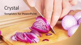  Presentation with onion - Presentation design consisting of female hands cutting bulb onion background and a coral colored foreground