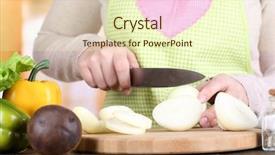  Presentation with green onions and bulb onion - Presentation consisting of female hands cutting bulb onion background and a soft green colored foreground