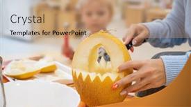  Presentation with halloween - Slides enhanced with female-hands-cutting-pumpkin background and a coral colored foreground