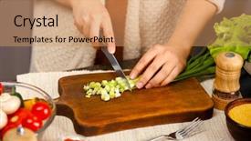  Presentation with vegetable cutting board - Slide deck featuring female hands cutting vegetables background and a coral colored foreground