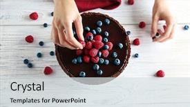  Presentation with chocolate - Audience pleasing presentation design consisting of female hands decorating chocolate tart backdrop and a sky blue colored foreground