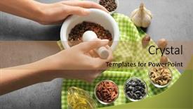  Presentation with mortar - Presentation theme with female hands grinding spices background and a coral colored foreground