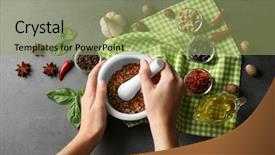  Presentation with mortar - Slide deck with female hands grinding spices background and a mint green colored foreground