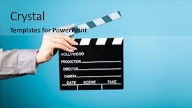  Presentation with holding hands - Amazing presentation design having female hands holding a clapperboard backdrop and a light blue colored foreground