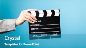  Presentation with holding hands - Colorful presentation theme enhanced with female hands holding a clapperboard backdrop and a  colored foreground