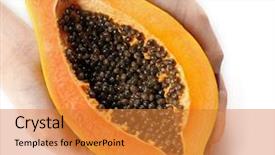  Presentation with papaya - Cool new slide deck with female hands holding a halved papaya on white background backdrop and a gold colored foreground