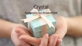  Presentation with satin - PPT theme featuring female hands holding beautiful small gift wrapped with satin ribbon background and a light gray colored foreground
