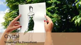  Presentation with fashion - Audience pleasing PPT theme consisting of female hands holding fashion sketch outdoors backdrop and a coral colored foreground