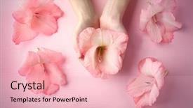  Presentation with holding hands - Colorful presentation theme enhanced with female hands holding gladiolus flower backdrop and a lemonade colored foreground