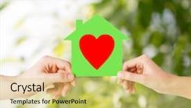  Presentation with green real estate - PPT theme having female hands holding green paper background and a yellow colored foreground