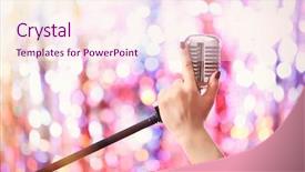  Presentation with glitter - PPT theme featuring female hands holding microphone against bright glitter background background and a pink colored foreground