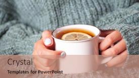  Presentation with hot tea - Presentation design enhanced with female-hands-holding-mug background and a coral colored foreground