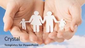  Presentation with family values - PPT theme with female hands holding paper family background and a coral colored foreground