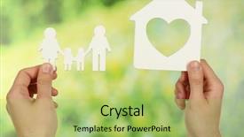  Presentation with family holding hands - Cool new presentation theme with female hands holding paper house backdrop and a mint green colored foreground