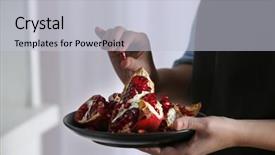  Presentation with pomegranate - Cool new slides with female hands holding pomegranate on plate closeup backdrop and a light gray colored foreground