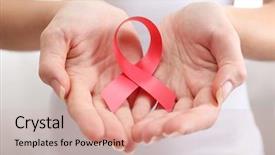  Presentation with support - Audience pleasing PPT theme consisting of female hands holding red ribbon backdrop and a coral colored foreground