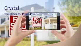  Presentation with displaying - PPT theme having female hands holding smart phone displaying photo of for sale real estate sign and house behind background and a sky blue colored foreground
