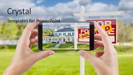  Presentation with displaying - Theme with female hands holding smart phone displaying photo of sold for sale real estate sign and house behind background and a light blue colored foreground