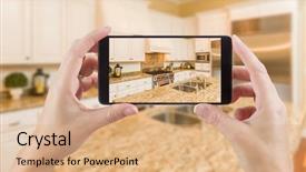  Presentation with displaying - PPT theme with female hands holding smart phone background and a coral colored foreground