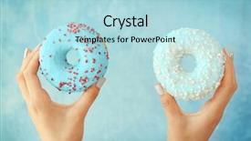  Presentation with cartoon kids holding hands - Cool new PPT theme with female hands holding tasty donuts backdrop and a  colored foreground