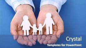  Presentation with family holding hands - Beautiful presentation design featuring female hands holding toy family on color background backdrop and a ocean colored foreground