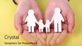  Presentation with family holding hands - Presentation enhanced with female hands holding toy family on color background background and a yellow colored foreground