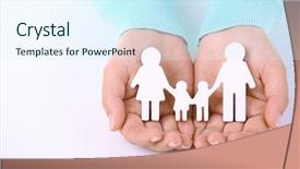  Presentation with family holding hands - Cool new presentation design with female hands holding toy family closeup backdrop and a cool aqua colored foreground