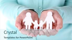  Presentation with family holding hands - Presentation consisting of female hands holding toy family closeup background and a cool aqua colored foreground