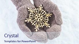  Presentation with sparkling - Presentation design featuring female hands in knitted mittens with sparkling wonderful snowflake on a white snow background winter and christmas concept background and a sky blue colored foreground